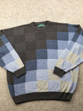 Vintage Tundra Canada Sweater Men Large Blue Black Gray Square Crew Neck Knit